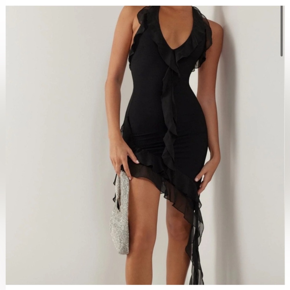 Chic Asymmetrical Black Dress with Ruffle Detail